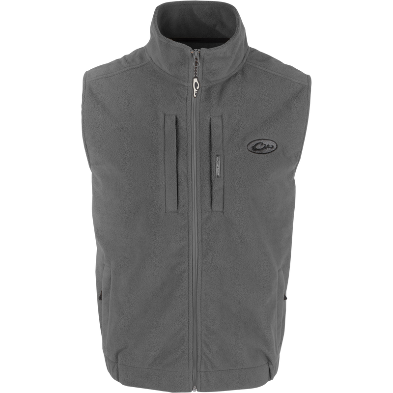 MST Solid Windproof Layering Vest with stand-up collar, vertical zippered chest pockets, and lower hand warmer pockets. Ideal for hunting and outdoor activities.