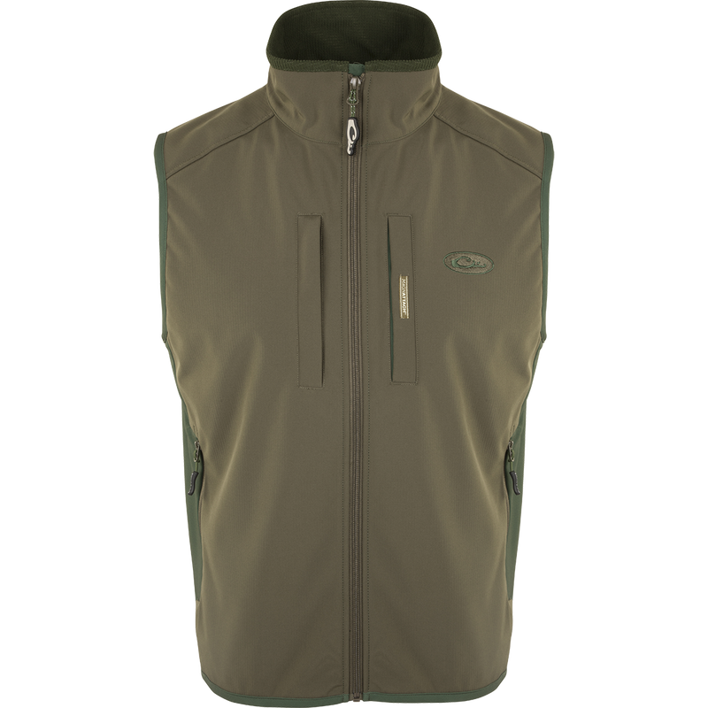 EST Windproof Tech Vest with zippered chest and lower pockets, drawstring waist, and four-way stretch panels for high warmth-to-weight ratio.