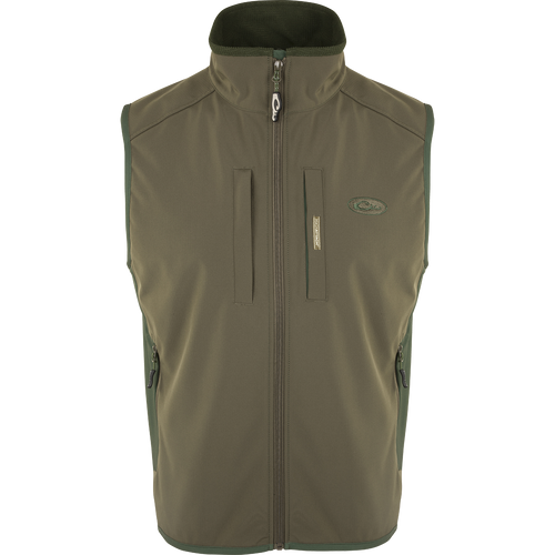 EST Windproof Tech Vest with zippered chest and lower pockets, drawstring waist, and four-way stretch panels for high warmth-to-weight ratio.