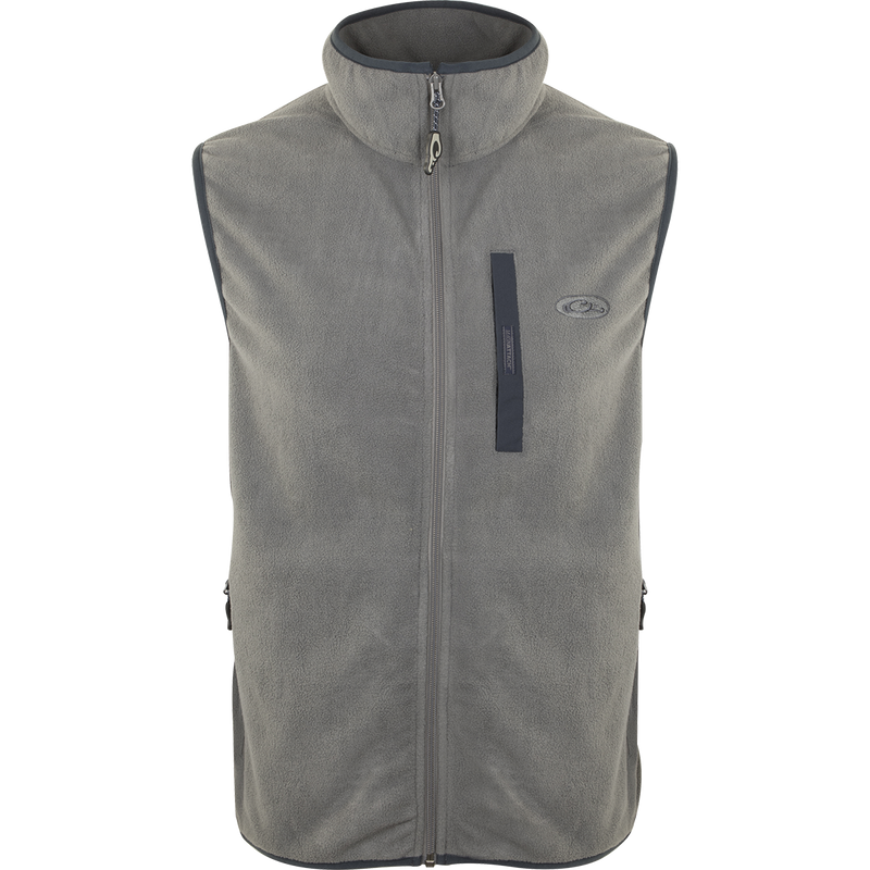 Camp Fleece Vest with zipper and Magnattach™ pocket, ideal for layering with Drake outerwear; lightweight, moisture-wicking polyester micro-fleece.