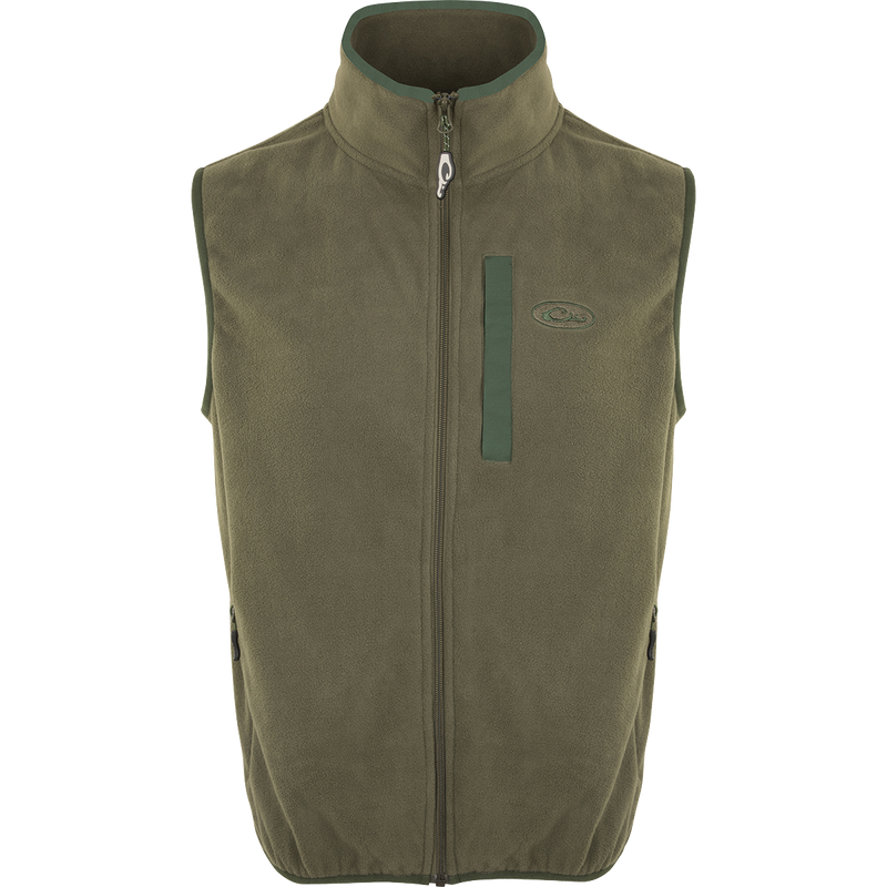 Camp Fleece Vest with zipper, featuring moisture-wicking poly-fleece and zippered pockets, ideal for layering during outdoor activities.