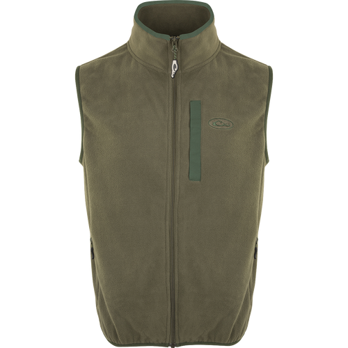 Camp Fleece Vest with zipper, featuring moisture-wicking poly-fleece and zippered pockets, ideal for layering during outdoor activities.