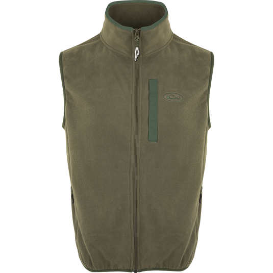 Camp Fleece Vest with zipper, featuring moisture-wicking poly-fleece and zippered pockets, ideal for layering during outdoor activities.