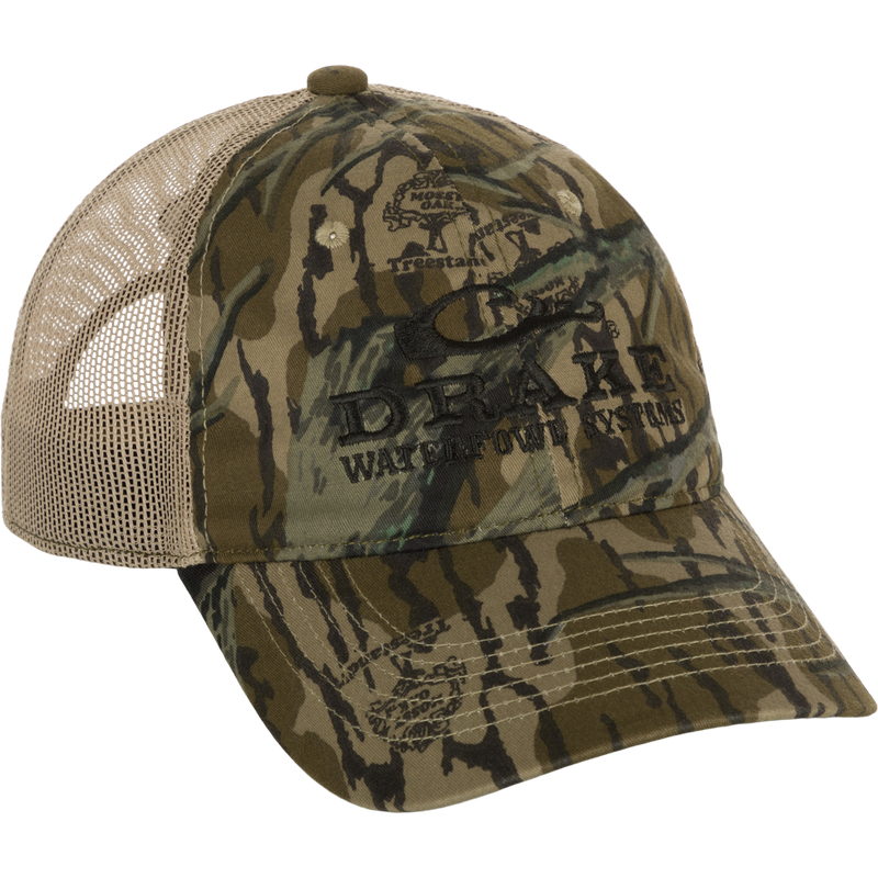 Mesh-Back Camo Cap with cotton camo front panels and structured mesh back, featuring a camo underbill and hook and loop back closure.