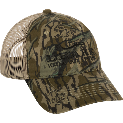 Mesh-Back Camo Cap with cotton camo front panels and structured mesh back, featuring a camo underbill and hook and loop back closure.