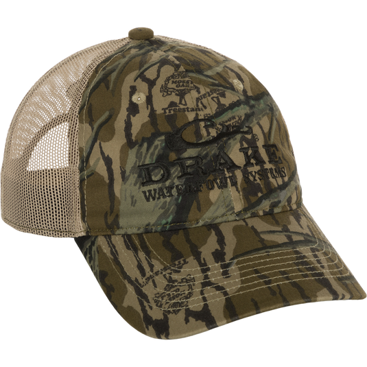 Mesh-Back Camo Cap with cotton camo front panels and structured mesh back, featuring a camo underbill and hook and loop back closure.