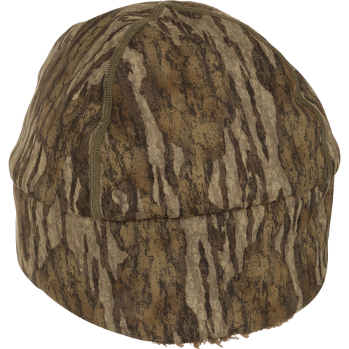 LST Windstopper Beanie: A close-up of a camouflaged hat made of high-quality hunting gear, perfect for big game hunting, waterfowl hunting, turkey hunting, and fishing.