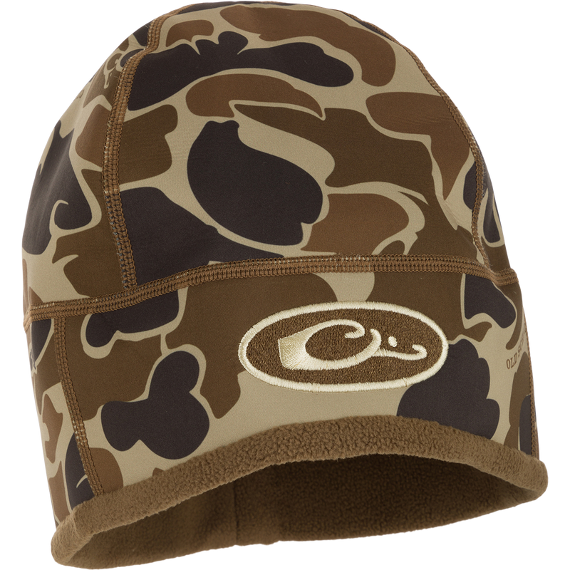 Camouflage MST Windstopper Beanie with logo, windproof, breathable, and ultra-soft, covering ears for cold weather comfort.