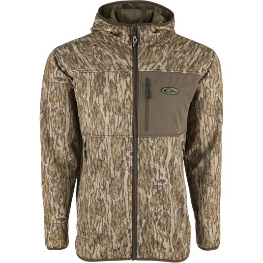 Technical Performance Fleece Full Zip Jacket with fleece-lined hood, vertical zippered chest pocket, and lower zippered pockets, perfect for layering in warmer weather.