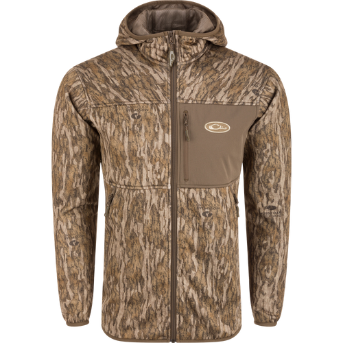 Technical Performance Fleece Full Zip Jacket with hood, vertical zippered chest pocket, lower zippered pockets, and fleece-lined hood, ideal for outdoor activities.