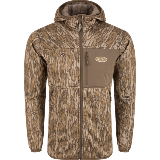 Technical Performance Fleece Full Zip Jacket with hood, vertical zippered chest pocket, lower zippered pockets, and fleece-lined hood, ideal for outdoor activities.