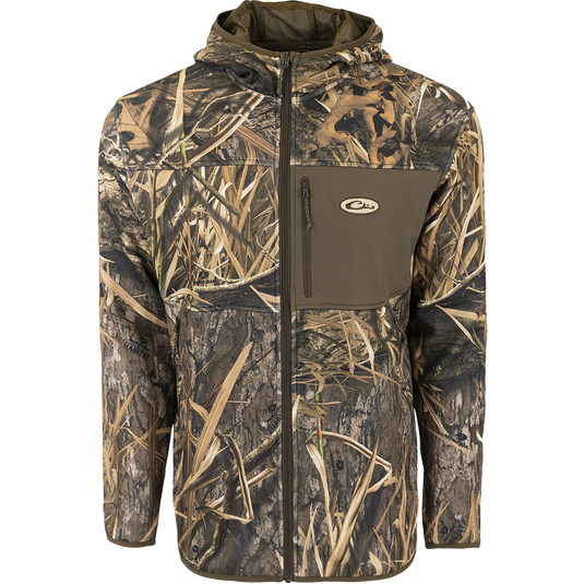 Technical Performance Fleece Full Zip Jacket with camouflage pattern, featuring zippered chest and lower pockets, fleece-lined hood, and 4-way stretch for optimal performance.