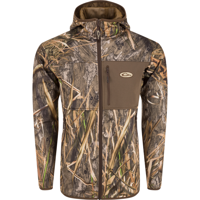 Technical Performance Fleece Full Zip Jacket with camouflage design, featuring a vertical zippered chest pocket and fleece-lined hood, ideal for outdoor activities.