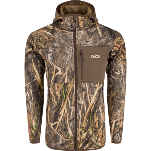 Technical Performance Fleece Full Zip Jacket with camouflage design, featuring a vertical zippered chest pocket and fleece-lined hood, ideal for outdoor activities.