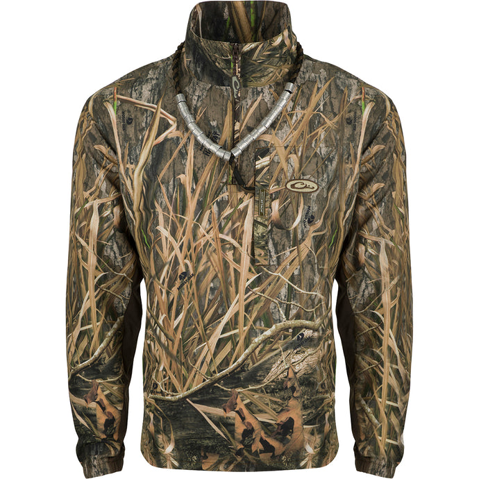 EST Quarter Zip Pullover Shirt featuring a camouflage pattern, vertical chest pocket, elastic cuffs, and breathable knit sides with 4-way stretch for hunting and training.