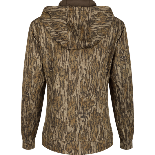 Women's MST Performance Hoodie with a tree pattern, featuring a double-lined hood and kangaroo pouch for added warmth, soft fleece interior, and improved stretch.