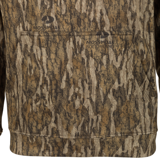 Youth MST Performance Hoodie - Realtree: Close-up of the hoodie showcasing its soft, combed fleece interior, double-lined drawstring hood, and kangaroo pouch.