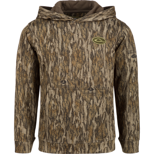 Youth MST Performance Hoodie by Drake Waterfowl: Camouflage hoodie with logo, double-lined hood for wind protection, kangaroo pouch, improved fit, and excellent stretch. Ideal for hunting and outdoor activities.