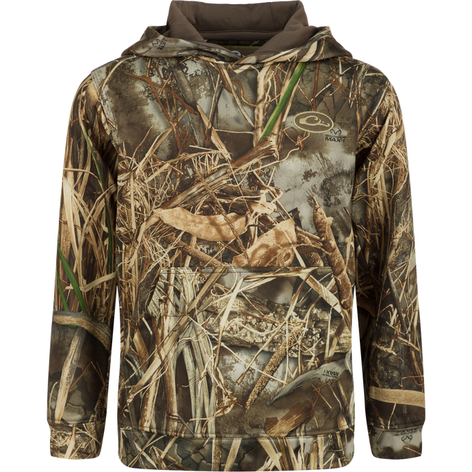 Youth MST Performance Hoodie - Realtree: A camouflage hoodie featuring a double-lined, drawstring hood and kangaroo pouch, designed for comfort with a soft, combed fleece interior.