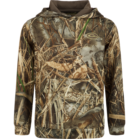 Youth MST Performance Hoodie - Realtree: A camouflage hoodie featuring a double-lined, drawstring hood and kangaroo pouch, designed for comfort with a soft, combed fleece interior.