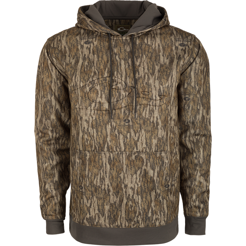 A durable Back Eddy Embossed Logo Hoodie by Drake Waterfowl, crafted in 100% polyester with DWR finish. Features include kangaroo pocket, lined hood, and embroidered logo. Ideal for outdoor pursuits.