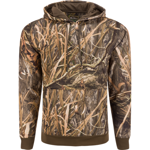 Embroidered Back Eddy Logo Hoodie with DWR finish. 100% Polyester, midweight at 260 GSM. Kangaroo pocket, lined hood with adjustable drawstrings. Ideal for hunting and outdoor adventures.