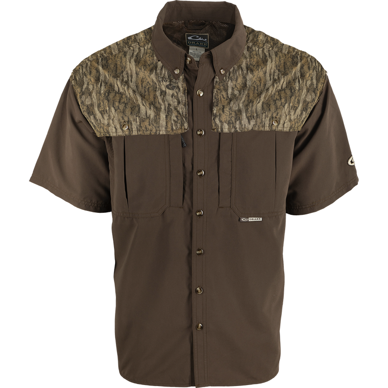 EST Camo Wingshooter's Short Sleeve Shirt featuring a camouflage design, seven-button front, button-down collar, Magnattach chest pocket, and mesh ventilation for breathability.