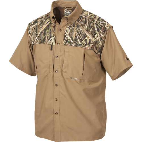 EST Camo Wingshooter's Short Sleeve Shirt, featuring a camo design, button-down collar, multiple chest pockets, and mesh back for breathability.