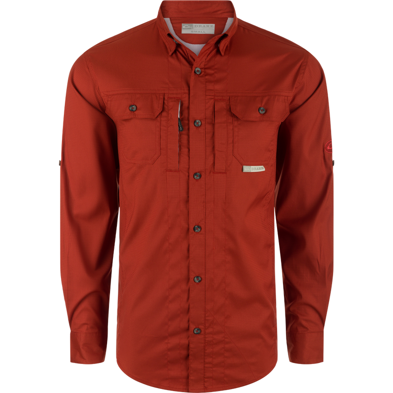 Drake Waterfowl's Wingshooters Trey Dobby Button-Down Shirt: Polyester/Spandex blend, UPF30, moisture-wicking, vented back, hidden pockets, sunglass wipe, adjustable cuffs.