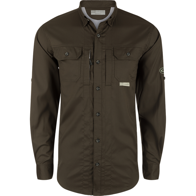 Drake Waterfowl's Wingshooters Trey Dobby Button-Down Shirt: Polyester/Spandex blend, UPF30, moisture-wicking, vented back, hidden pockets, sunglass wipe, adjustable cuffs.