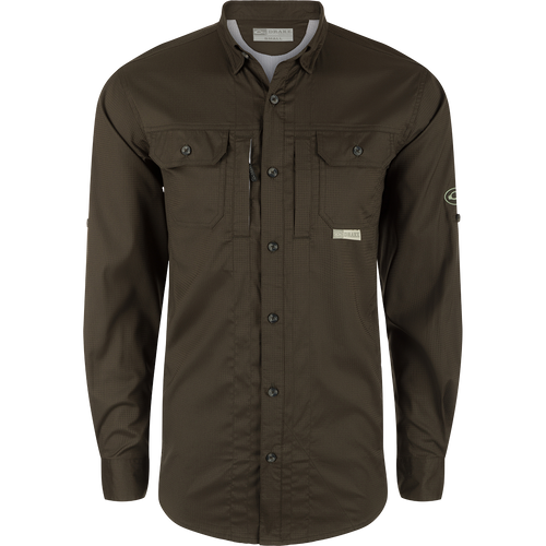 Drake Waterfowl's Wingshooters Trey Dobby Button-Down Shirt: Polyester/Spandex blend, UPF30, moisture-wicking, vented back, hidden pockets, sunglass wipe, adjustable cuffs.