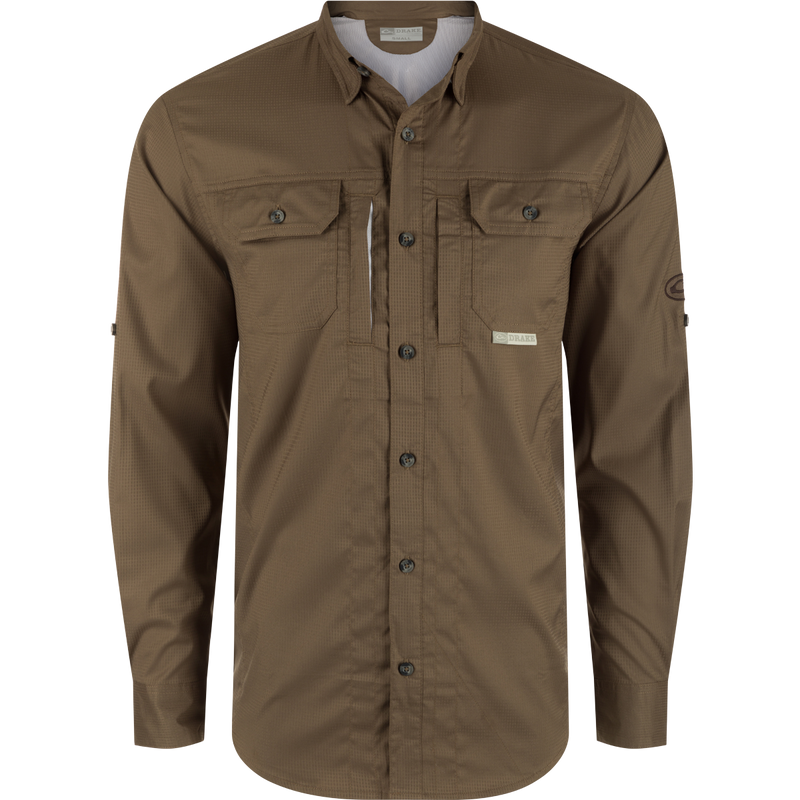 A technical marvel: Drake Waterfowl's Wingshooters Trey Dobby Button-Down Long Sleeve Shirt. Features include UPF30 sun protection, moisture-wicking fabric, hidden collar, vented back, and versatile pocket system.