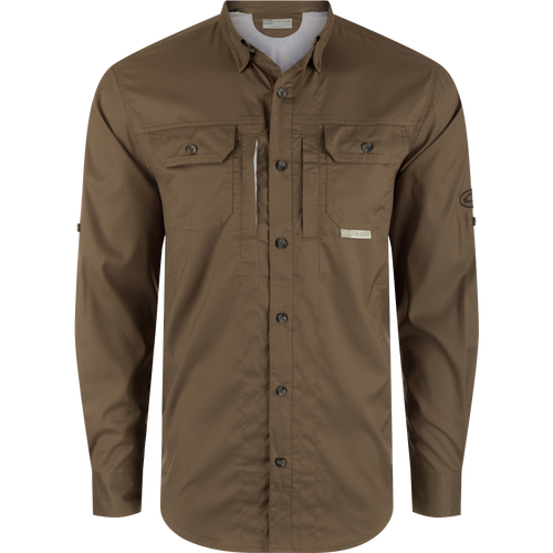 A technical marvel: Drake Waterfowl's Wingshooters Trey Dobby Button-Down Long Sleeve Shirt. Features include UPF30 sun protection, moisture-wicking fabric, hidden collar, vented back, and versatile pocket system.