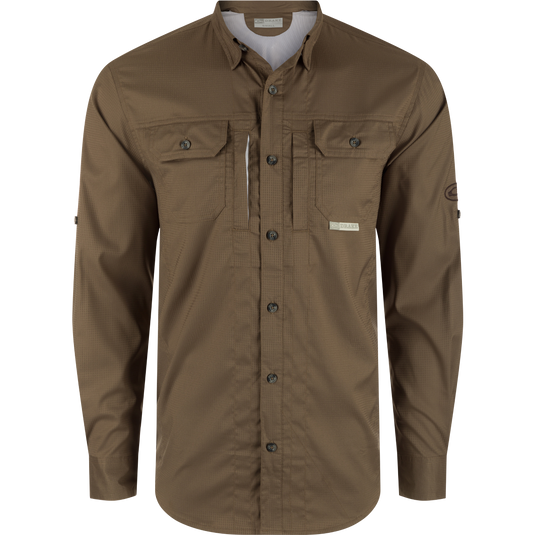 A technical marvel: Drake Waterfowl's Wingshooters Trey Dobby Button-Down Long Sleeve Shirt. Features include UPF30 sun protection, moisture-wicking fabric, hidden collar, vented back, and versatile pocket system.