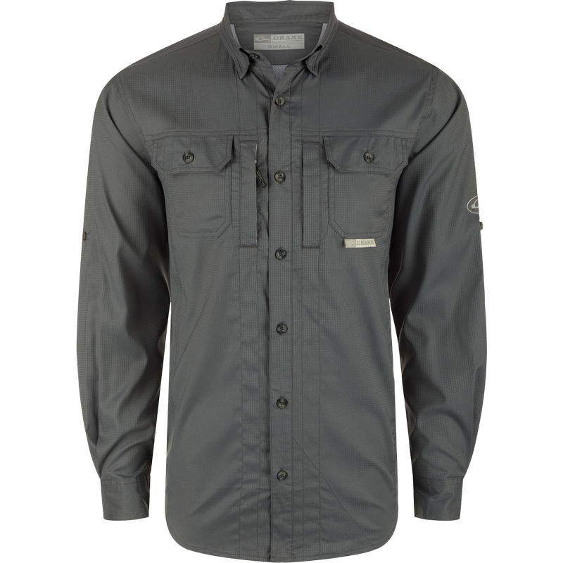 Drake Waterfowl's Wingshooters Trey Dobby Button-Down Shirt: Polyester/Spandex blend, UPF30, moisture-wicking, vented back, hidden pockets, sunglass wipe, adjustable cuffs.