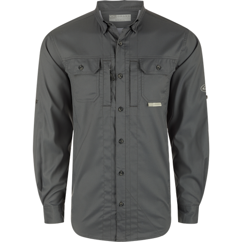 Drake Waterfowl's Wingshooters Trey Dobby Button-Down Shirt: Polyester/Spandex blend, UPF30, moisture-wicking, vented back, hidden pockets, sunglass wipe, adjustable cuffs.