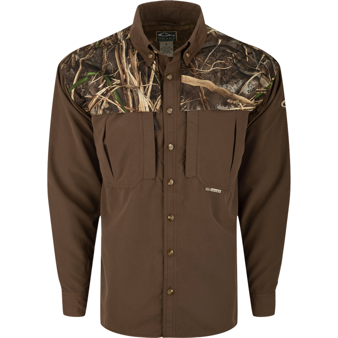 EST Camo Wingshooter's Long Sleeve Shirt - Realtree with camouflage design, button-down collar, chest pockets, and sleeve tabs for rolling up.