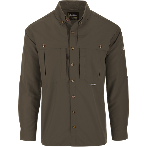 Solid Wingshooter's Shirt L/S with seven buttons, oversized chest pockets, zippered right chest pocket, and a roll-up sun blocker collar, designed for breathability and moisture management.