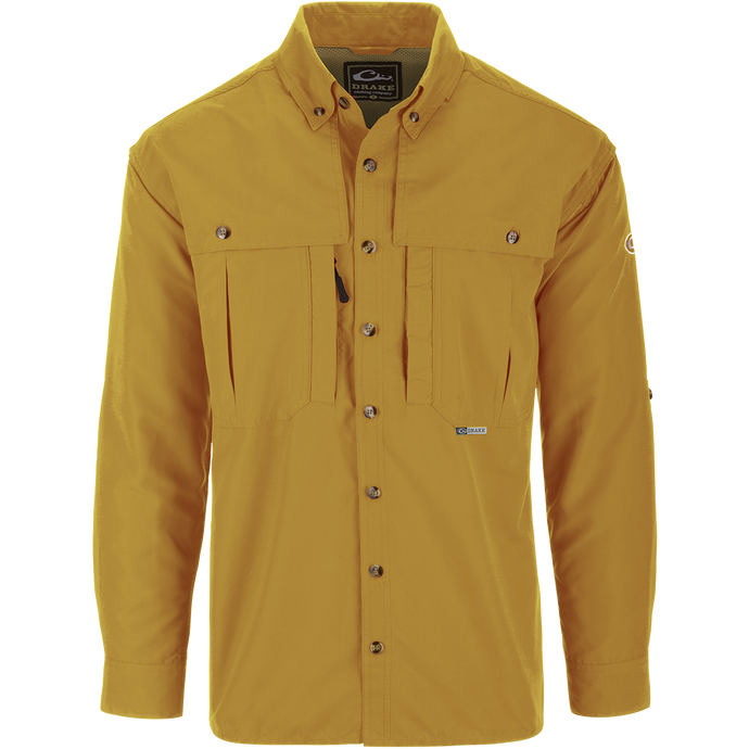 Solid Wingshooter's Shirt L/S with long sleeves, seven-button design, oversized chest pockets, and front and back ventilation for breathability and moisture management.