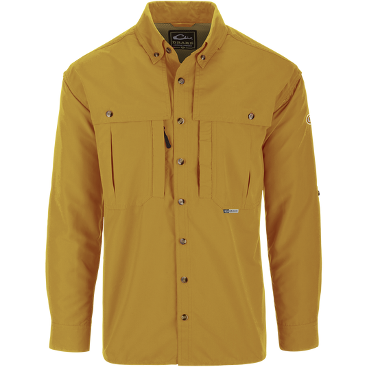 Solid Wingshooter's Shirt L/S with long sleeves, seven-button design, oversized chest pockets, and front and back ventilation for breathability and moisture management.