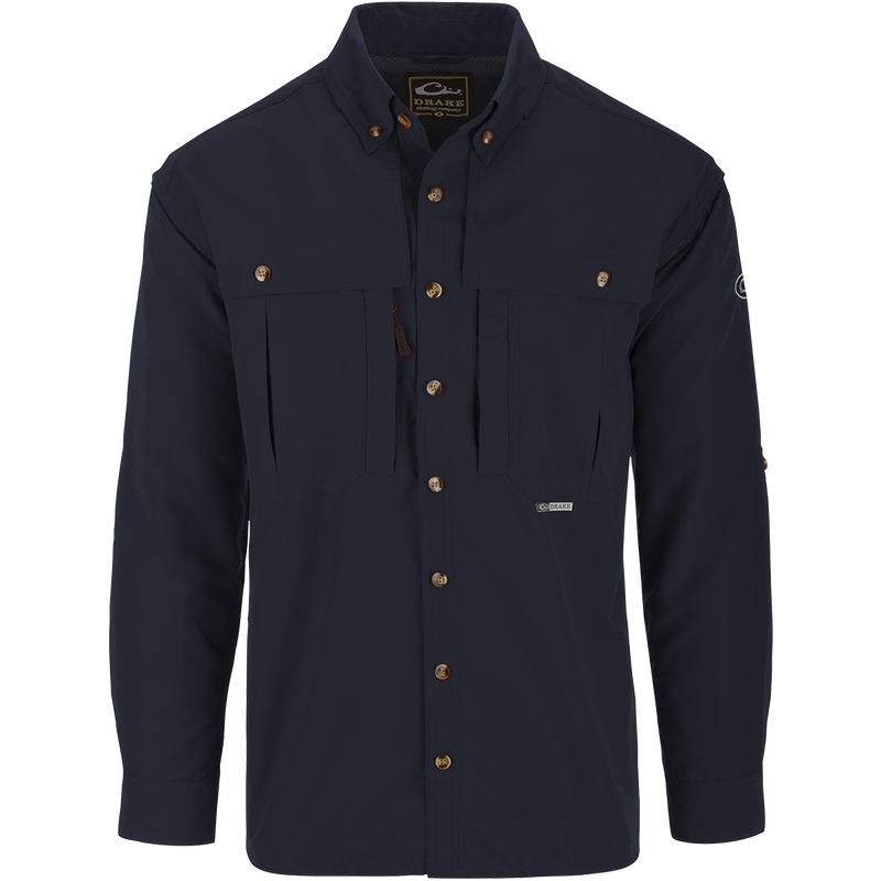 Solid Wingshooter's Shirt L/S with long sleeves, seven buttons, oversized chest pockets, zippered and Magnattach™ pockets, and sun-blocking extension collar.