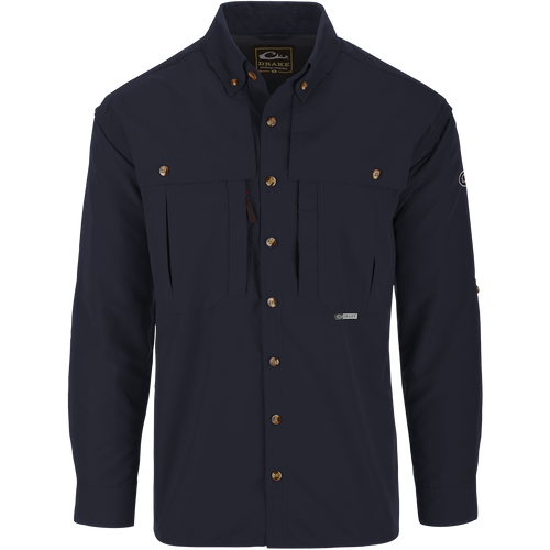 Solid Wingshooter's Shirt L/S with long sleeves, seven buttons, oversized chest pockets, zippered and Magnattach™ pockets, and sun-blocking extension collar.