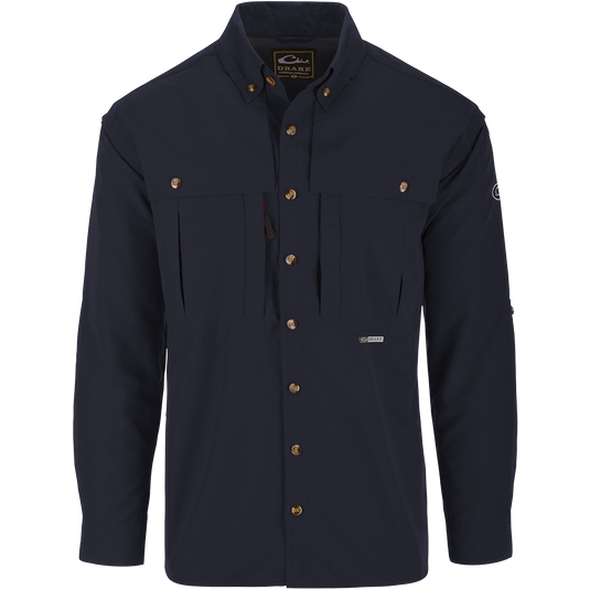 Solid Wingshooter's Shirt L/S with long sleeves, seven buttons, oversized chest pockets, zippered and Magnattach™ pockets, and sun-blocking extension collar.