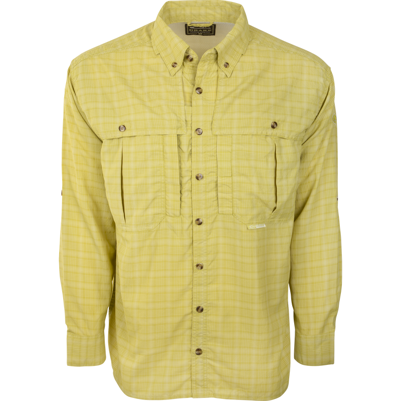 Wingshooter's Plaid Sun Shirt L/S with buttons, large chest pockets, and UPF 50+ protection for outdoor activities. Quick-drying, breathable fabric with front and back heat vents.