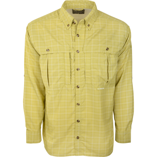 Wingshooter's Plaid Sun Shirt L/S with buttons, large chest pockets, and UPF 50+ protection for outdoor activities. Quick-drying, breathable fabric with front and back heat vents.