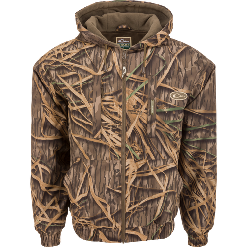 Alt text: MST Waterproof Full Zip Jacket w/ Hood featuring a camouflage design, elastic cuffs, drawstring hood, and multiple secure pockets.