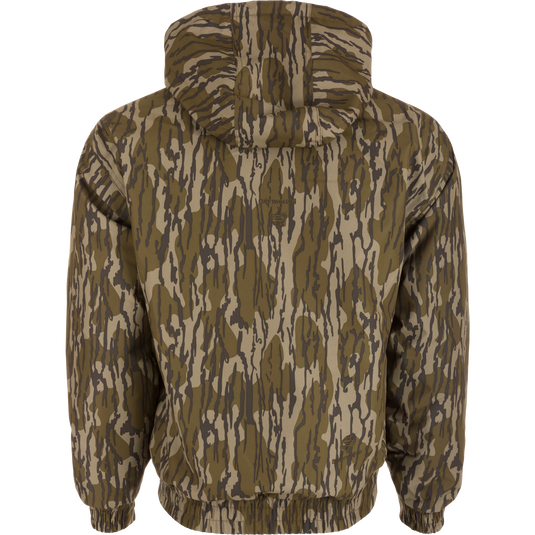 MST Waterproof Full Zip Jacket w/ Hood featuring a camouflage pattern, elastic cuffs, drawstring hood, and lower slash pockets for hunting in varied conditions.