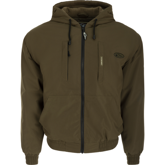 MST Waterproof Full Zip Jacket with hood, featuring elastic cuffs, drawstring hood, and multiple pockets for secure storage and comfort during hunting.