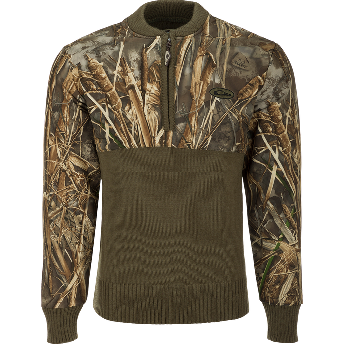 Camo 1/4 Zip Under Wader Sweater, featuring a camouflage pattern, quarter zip, and durable fabric, ideal for hunting and outdoor activities.