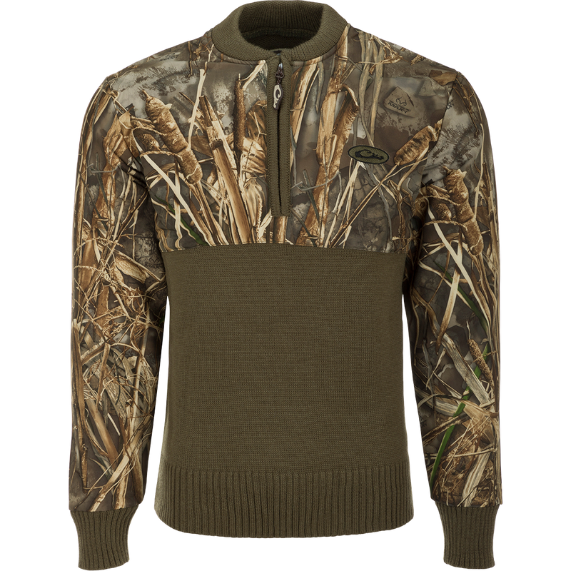 Camo 1/4 Zip Under Wader Sweater, featuring a camouflage pattern, quarter zip, and durable fabric, ideal for hunting and outdoor activities.